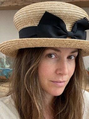 Vintage Straw Boater Hat Black Grosgrain Bow Skimmer 7" Opening high crown deco